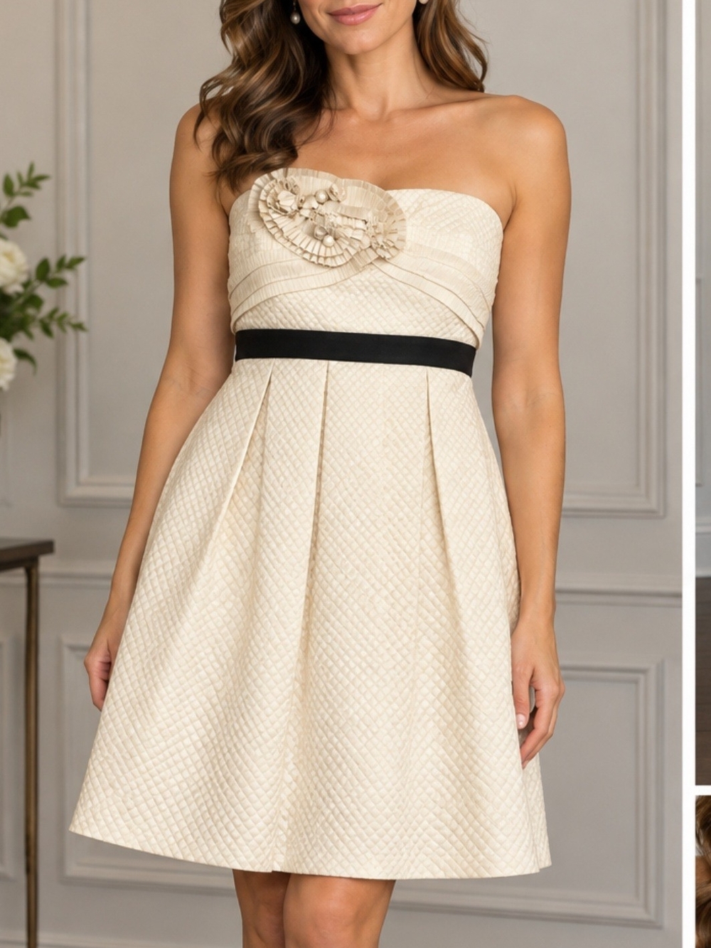 BCBGMaxAzria Strapless Cream Quilted A-Line Dress with Black Waistband